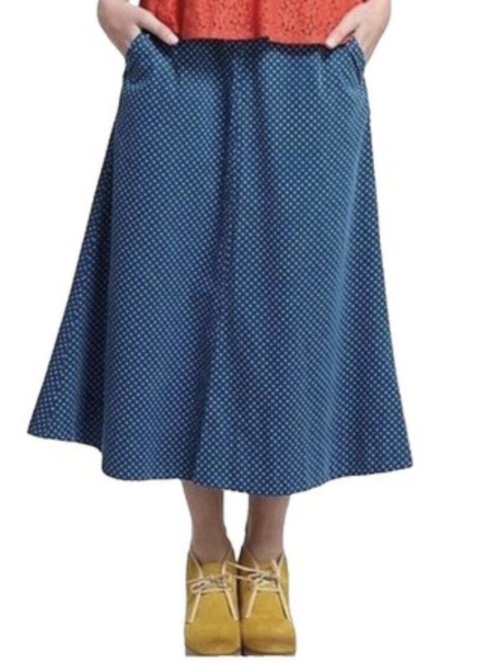 Anthropologie VANESSA VIRGINIA Blue Midi Polka Dot Corduroy Skirt 6